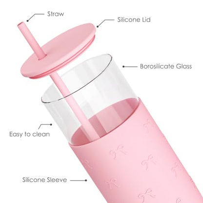 SANDJEST Glass Tumbler with Straw and Lid, Glass Water Bottle with Silicone Sleeve 20oz with Bow, Smoothie, Iced Coffee Cup, Bow Gifts for Women Teen Girls Birthday Christmas - color: Bow 3