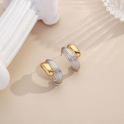 Two Tone Gold Silver Hoop Earrings Mixed Metal Open C Hoop Earrings - color: Chunky Ribbed