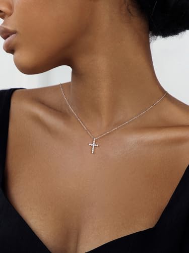 NORBU S925 Cubic Zirconia Cross Necklace for Women, Womens Cross Necklaces - color: Silver