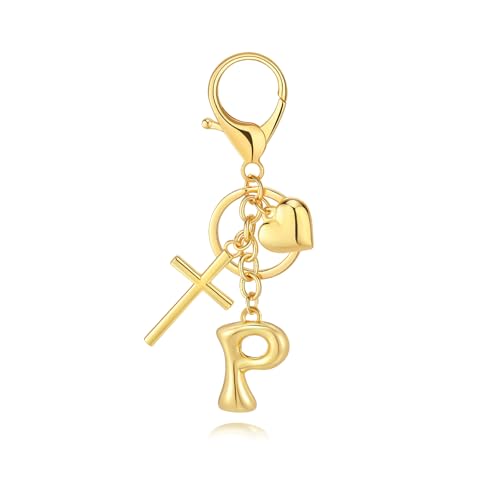 Initial Bag Charms Keychains Women, Cross Cute Heart Letter Key Chain Purse Backpack Handbags Keychain Christian Gift - color: Gold P