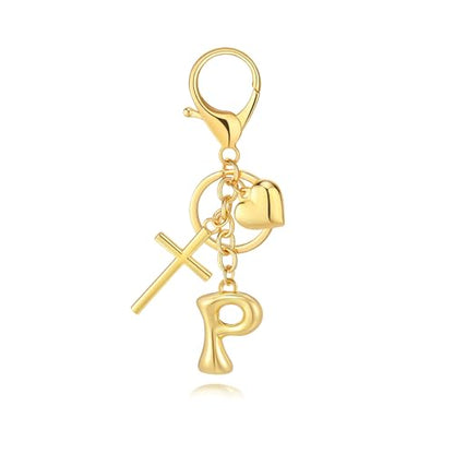 Initial Bag Charms Keychains Women, Cross Cute Heart Letter Key Chain Purse Backpack Handbags Keychain Christian Gift - color: Gold P