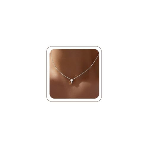 Poxtex Cross Necklace for Women Teen Girls, Dainty 14K Gold Silver Plated Cross Choker Jewelry Non Tarnish Waterproof Cute Simple Small Necklace Christian Baptism Religious Faith Jewelry Gifts - color: 02 Tiny Cross - Silver