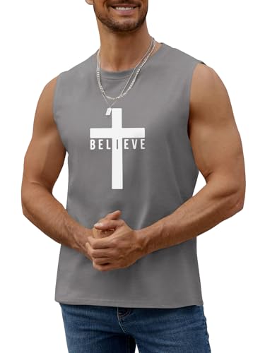 Men's Cotton Graphic Tank Tops Jesus Cross Believe Printed Faith Christian Shirts - color: ##Grey, size: XX-Large