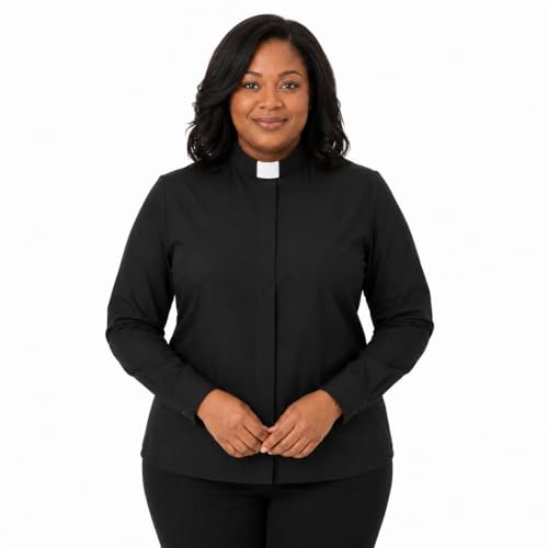 Women’s Clergy Shirt Tab Collar Shirt with Collar Insert Long Sleeve and Short Sleeve Ministry Blouse Pastor - color: Black 02 (Long Sleeves), size: Small