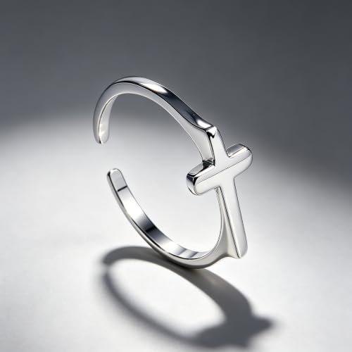 925 Sterling Silver Adjustable Cross Ring, Hypoallergenic Open Faith Band Size 6 Minimalist Stackable Jewelry Gift for Women