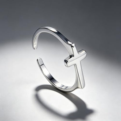 925 Sterling Silver Adjustable Cross Ring, Hypoallergenic Open Faith Band Size 6 Minimalist Stackable Jewelry Gift for Women