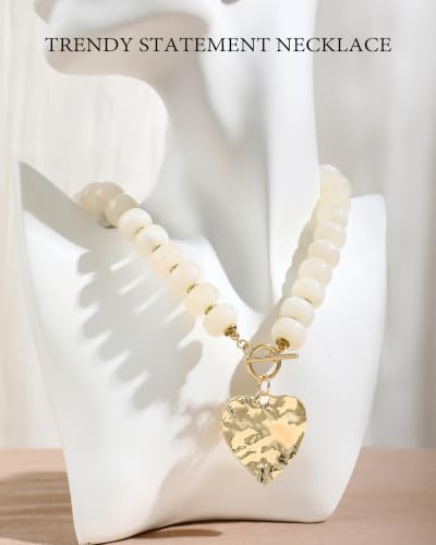 ZHESHY Chunky Beaded Necklaces for Women Heart Cross Statement Necklace - color: White 3