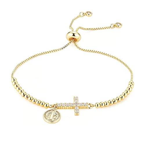 HZMAN 14K Gold Plated Cross Bracelet for Women, Brass Adjustable Bolo Bracelet with CZ, Religious Saint Benedict/Virgin Mary/Jude Pendant Jewelry Gift - color: Saint Benedict