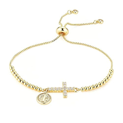 HZMAN 14K Gold Plated Cross Bracelet for Women, Brass Adjustable Bolo Bracelet with CZ, Religious Saint Benedict/Virgin Mary/Jude Pendant Jewelry Gift - color: Saint Benedict