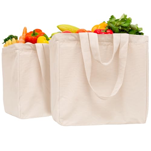 Cloth Grocery Shopping Bags Handles - Sturdy Canvas Material, Extra Large, Heavy Duty, and Premium Quality Cotton Grocery Shopping Bags with Real Pockets and Double Handles for Convenience (2 Bags)
