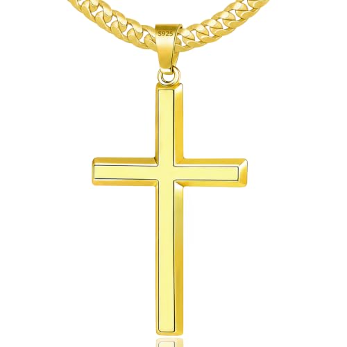 Sterling Silver Beveled Edge Cross Necklace for Men Women, S925 Cross Pendant with 5mm Cuban Chain, Non Tarnish Durable Stainless Steel Necklace, Silver Religious Jewelry, 16-30 Inch - color: Gold Cross Necklace, size: 18 in=46 cm