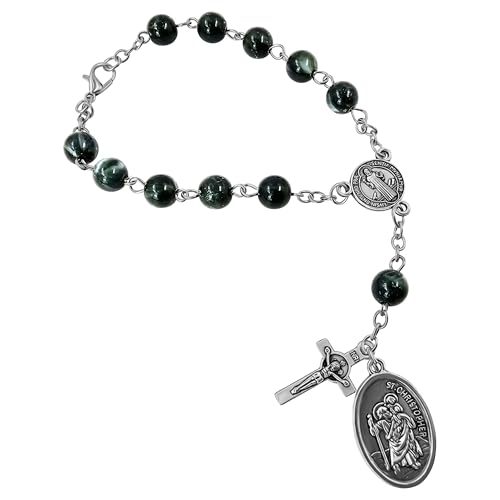 TALISMAN4U St Benedict Rosary for Car Rearview Mirror St Christopher Medal - color: Green Black Acrylic Beads