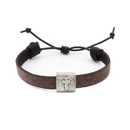 Equitable Brown/Black Leather Bracelet with Pewter Cross Bead Faith Jewelry - color: Brown Leather
