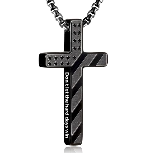 RWQIAN American Flag Cross Necklace for Men,Stainless Steel Bible Verse Cross Pendant Mens Chain,Crucifix Necklace for Christians Teen Baptism Gift Ideas Catholic Men Cool Stuff Personalized Gifts - color: Black, style: Don't let