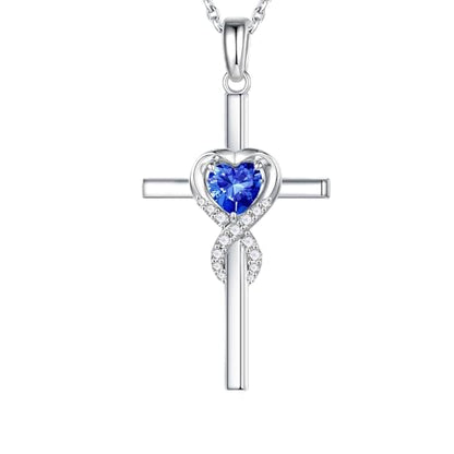 Iefil Cross Necklace for Women - Birthstone Necklace - color: "09-Sept-Created Sapphire