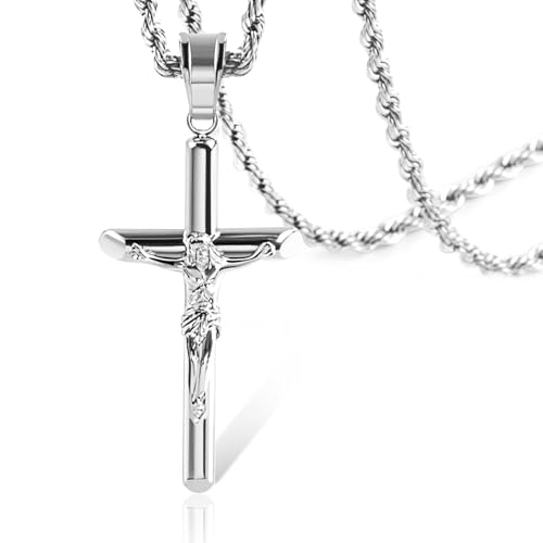 ALEXCRAFT Sterling Silver Plated Cross Necklace for Men Gold Plated Cross Necklaces for Women Trendy Stainless Steel Crucifix Pendant with 3mm 21inch Rope Chain - color: Silver-21in