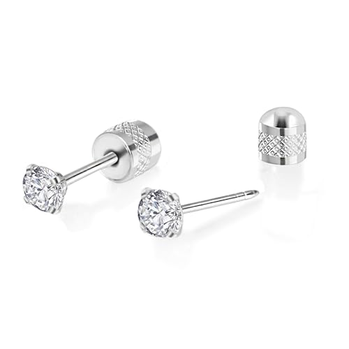 Titanium Earrings Push-in Threadless Flat Back Stud Earrings for Women Men, Cartilage Earring Hypoallergenic Cubic Zirconia Earrings Studs for Helix Tragus Piercing Jewelry - color: Silver-5mm
