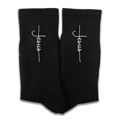Christian Embroidered Crew Socks, Jesus Faith Religious Socks for Women and Men, Cross Scripture Novelty Gift Socks - color: Script Cross Jesus Black