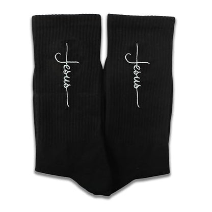 Christian Embroidered Crew Socks, Jesus Faith Religious Socks for Women and Men, Cross Scripture Novelty Gift Socks - color: Script Cross Jesus Black