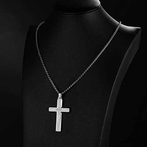Men's Stainless Steel Cross Necklace,Two-Tone Black & Blue Carbon Fiber Pendant - Included Gift Box - style: Silver XL002