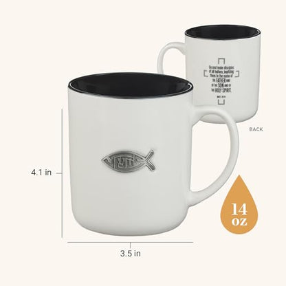 Christian Art Gifts Large Inspirational Ceramic Coffee & Tea Scripture Mug - color: White & Black/Jesus Fish