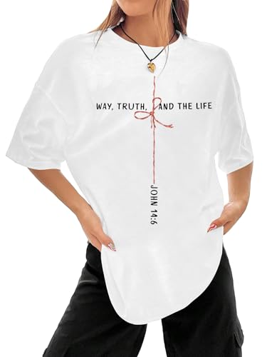 Christian Shirts for Women Oversized Bible Verse T-Shirt Jesus Religious Faithful Shirt Christ Crewneck Tee Top - color: White, size: Large