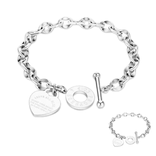 Heart Charm Bracelet Plated 18K Gold/Silver/Rose Gold Bible Scripture Heart Bracelet for Women Jewelry Gift Her Link Chain OT Clasp Stainless Steel - color: Silver（9.1 inch ）