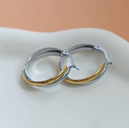 Criss Cross Hoop Earring for Women,24mm Wide Intertwined Round Hoops Jewelry - color: Tow Tone