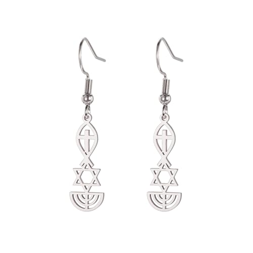 Messianic Seal Dangle Earrings Messianic Seal of Jerusalem Earrings Star of David,Ichthus with Cross,Menorah,Jewish Star Earrings Religious Hanukkah Jewelry Token of Prayer - color: silver