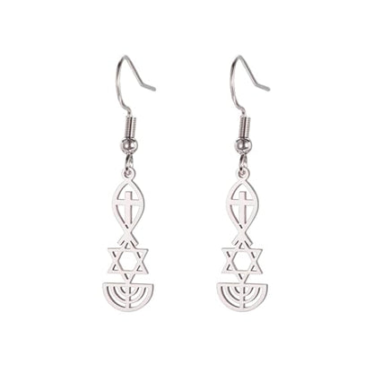 Messianic Seal Dangle Earrings Messianic Seal of Jerusalem Earrings Star of David,Ichthus with Cross,Menorah,Jewish Star Earrings Religious Hanukkah Jewelry Token of Prayer - color: silver