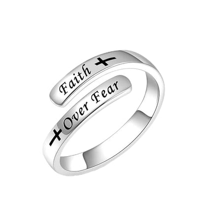 Faith Over Fear Cross Inspirational Rings, S925 Silver Adjustable Tiny Purity Christian Wrap Ring Christian Blessed Hope Encouragement Ring Christmas Graduation Cocktail Party Jewelry Gifts for Women - color: Silver