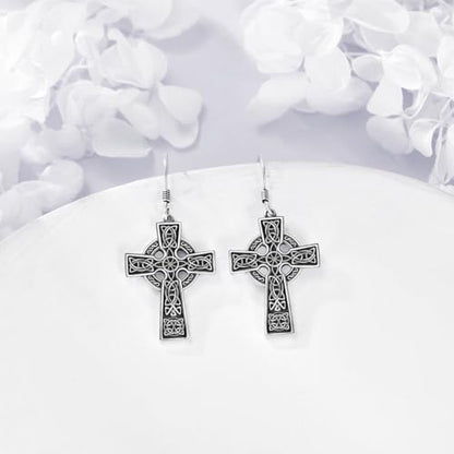 Celtic Cross Earrings Sterling Silver Cross Dangle Drop Earrings - color: Celtic
