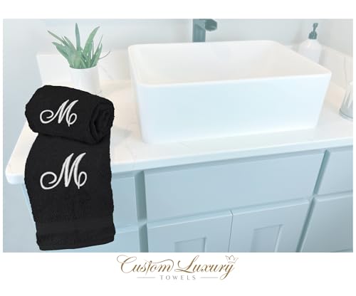 Black Hand Towels for Bathroom - Monogrammed | Luxury Cotton Turkish Towels | Embroidered in USA | Set of 2 | Choose Set Color and Letter | A - Z | Script Font - color: Black