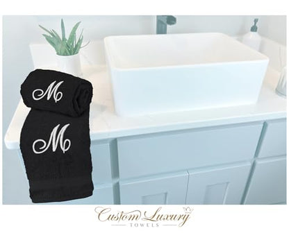 Black Hand Towels for Bathroom - Monogrammed | Luxury Cotton Turkish Towels | Embroidered in USA | Set of 2 | Choose Set Color and Letter | A - Z | Script Font - color: Black