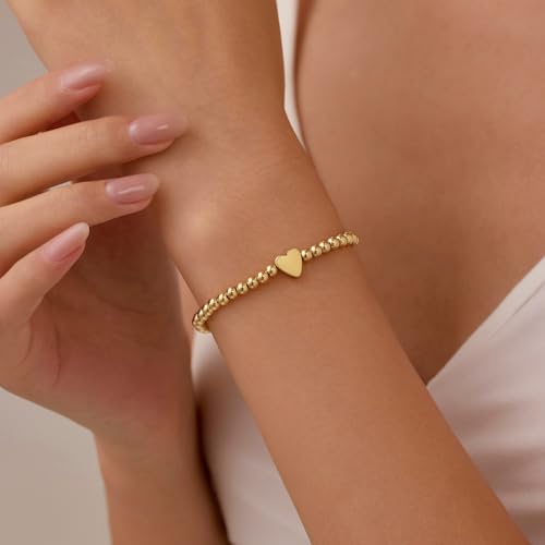 GINAZAL Gold Bead Bracelet for Women, Hypoallergenic Fade-Resistant | Brass | 14K Gold |Cubic Zirconia - color: Heart