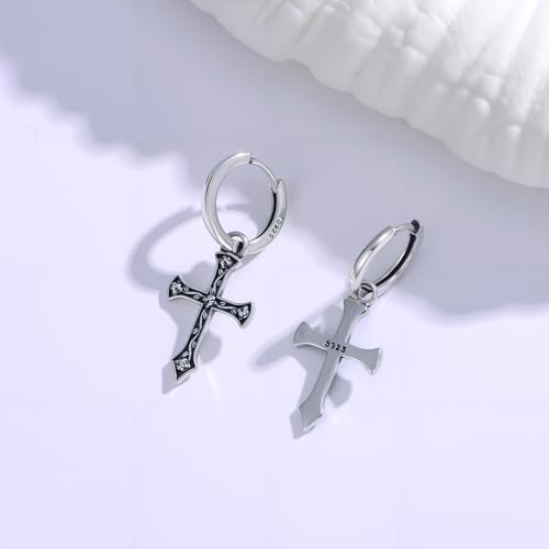 Cross Earrings for Women Men 925 Sterling Silver Cross Dangle Drop Earrings Punk Gothic Jewelry