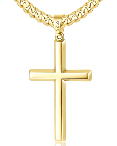 925 Sterling Silver Cross Necklace for Men, 18k Gold Plated Sterling Silver Cross Necklace with 4mm Stainless Steel Cuban Link Chain for Men, Mens Chain Necklaces 16-26 Inch - color: Gold Cross Pendant, size: 18 Inch