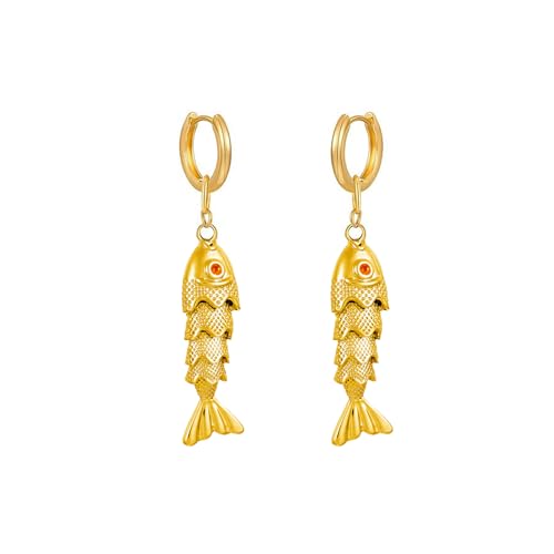 Color Boho Fish Earring for Women, Gold Huggie Hoops Dangle Colorful enamel Summer Beach 3D Stereo Tiny Fish Drop Earrings Ocean Minimalist Statement Jewelry Gift - color: Gold 3D
