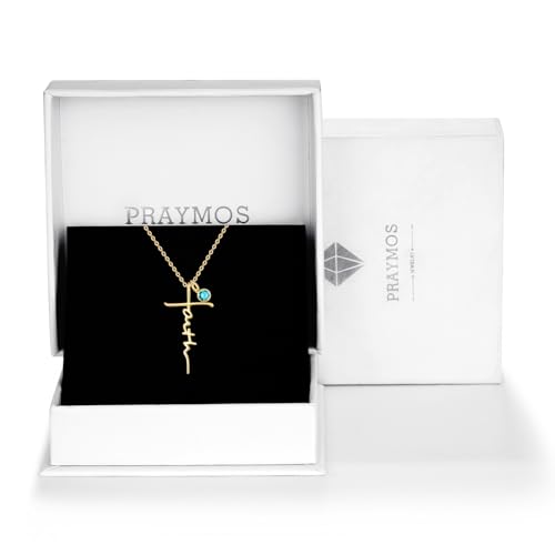 PRAYMOS Faith Cross Necklace for Women 925 Sterling Silver Pendant Necklace With Birthstone Initial Christian Religious Confirmation Baptism Mothers Day Gifts - color: 3-18K Gold Plated December(Blue Topaz)