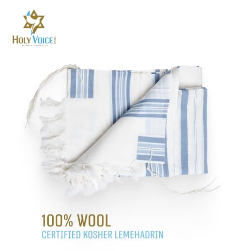 HOLY VOICE 100% Wool Tallit Prayer Shawl Kosher Certified White with Stripes for Men, Made in Israel w/ 100% Wool Tzitzit - color: Light Blue Stripes, size: 51"x73"