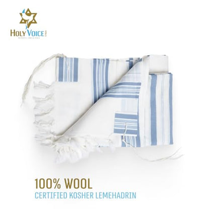HOLY VOICE 100% Wool Tallit Prayer Shawl Kosher Certified White with Stripes for Men, Made in Israel w/ 100% Wool Tzitzit - color: Light Blue Stripes, size: 51"x73"