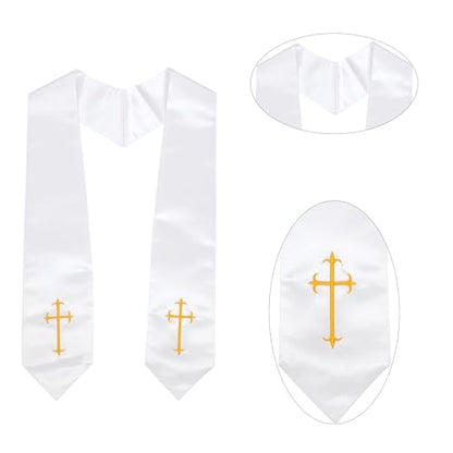 Clergy Stole, Choir Stole with Cross Embroidery 60'' - color: White