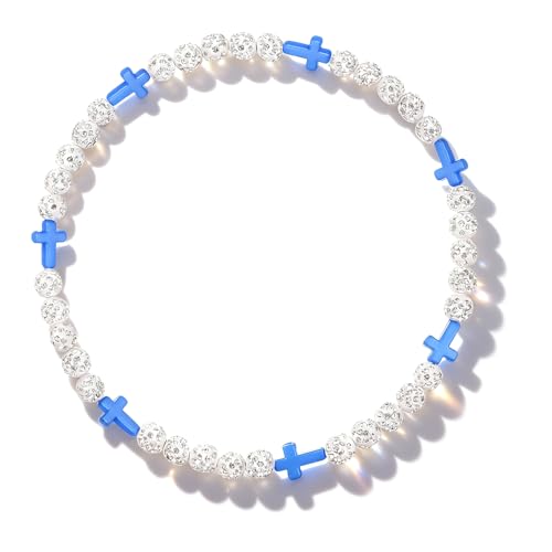 Baseball Bead Cross Necklace for Boys Kids, Elastic Rhinestone Bling Necklace Drip Gifts for Teens Players - color: Blue Cross/White