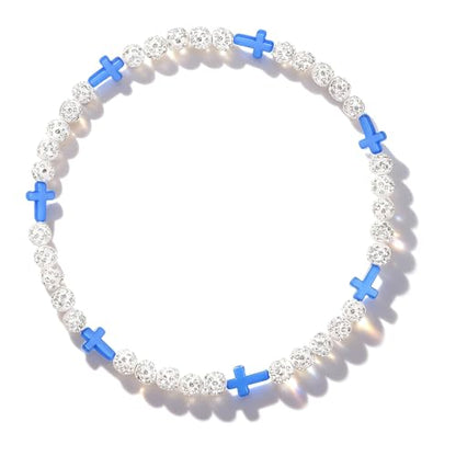 Baseball Bead Cross Necklace for Boys Kids, Elastic Rhinestone Bling Necklace Drip Gifts for Teens Players - color: Blue Cross/White