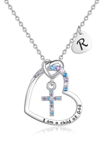 Cross Necklace for Girls | I am a child of God Necklace for Girls | Heart Letter initial | 18K White Gold Plated Pendant Jewelry First Communion Baptism Gifts Christmas Birthday Gifts for Girl Women - color: R