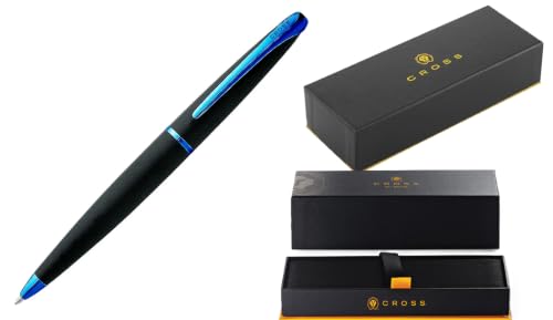 Cross ATX Refillable Special Edition Basalt black Ballpoint Pen signature blue PVD clip, finial, and center band - color: Blue/Black