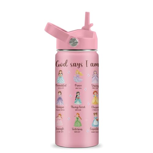Christian Gifts for Girls - 16oz God Says I Am Princess Water Bottle with Straw Lid - Christian Stainless Steel Kids Insulated Cup for School, Sports, Travel Tumbler for Princess Lovers, Kids - color: Princess God01, size: 16 Ounces