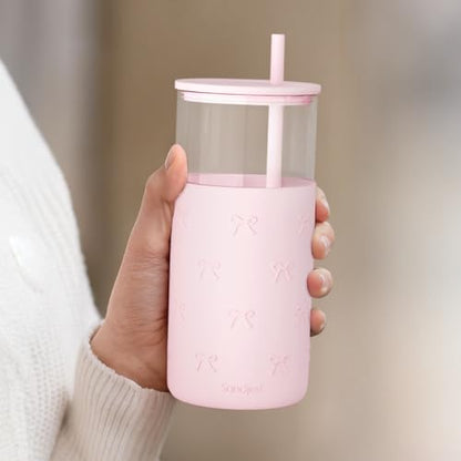 SANDJEST Glass Tumbler with Straw and Lid, Bow Glass Water Bottle with Silicone Sleeve 20oz, Smoothie, Iced Coffee Cup, Gifts for Women Teen Girls Birthday Christmas - color: Bow 1