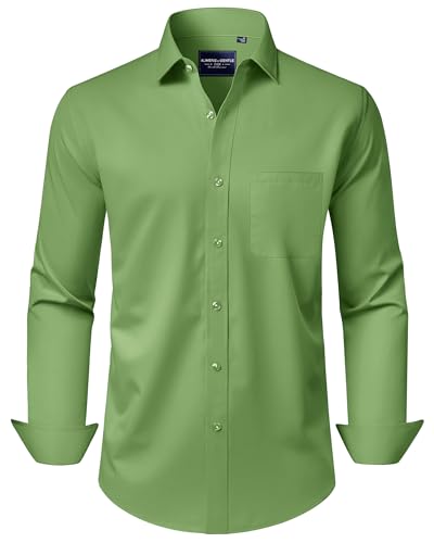 Alimens & Gentle Men's Dress Shirts Long Sleeve Wrinkle-Free Stretch Shirts Solid Formal Button Down Shirt with Pocket - color: Bright Green, size: Small