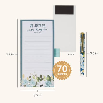 Christian Art Gifts Magnetic Notepad & Pen Set for Women, Be Joyful in Hope - color: Blue & White Floral/Be Joyful
